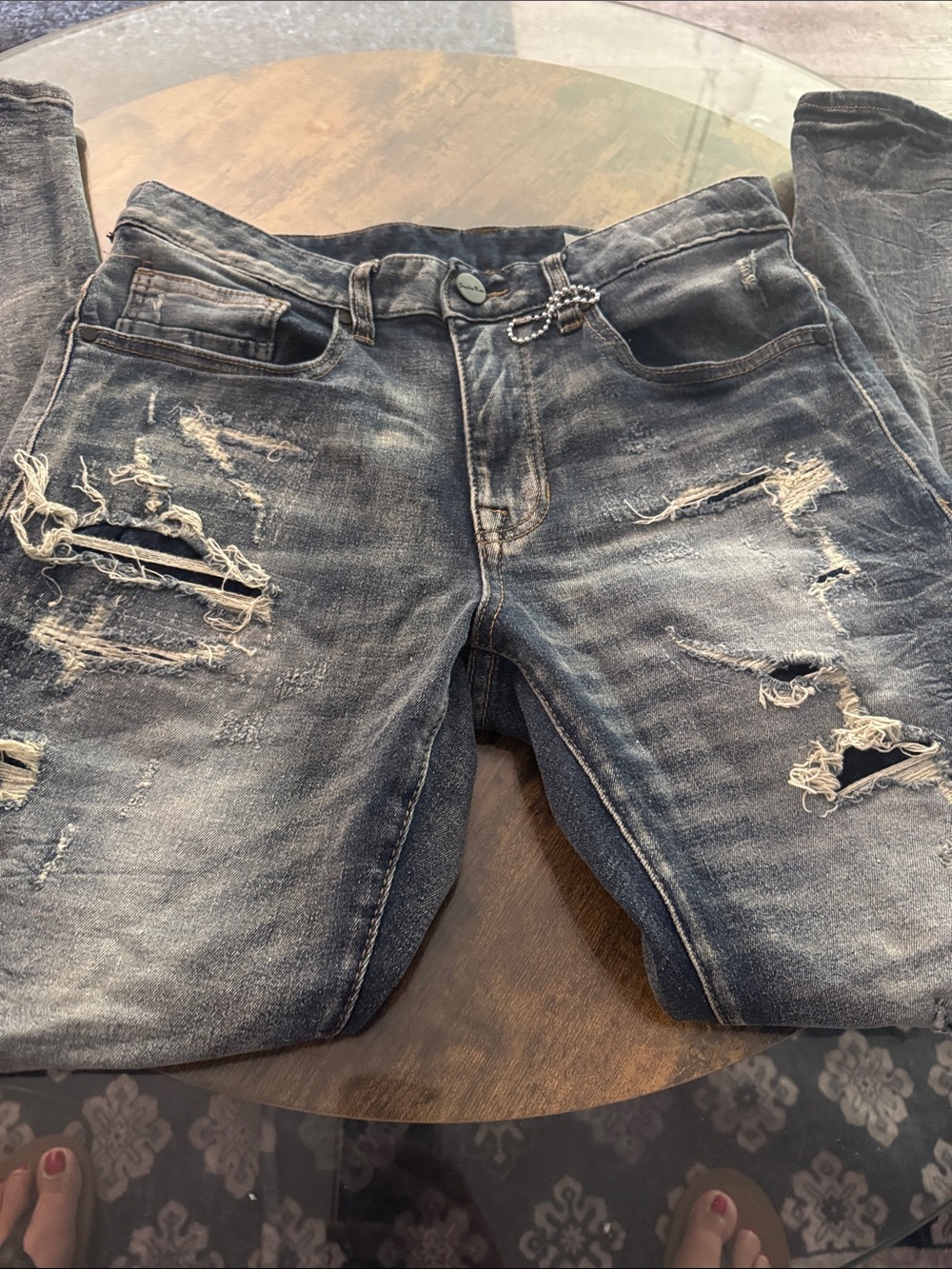Smoke Rise Men's Distressed Dark Blue Jeans - Casual Ripped Denim